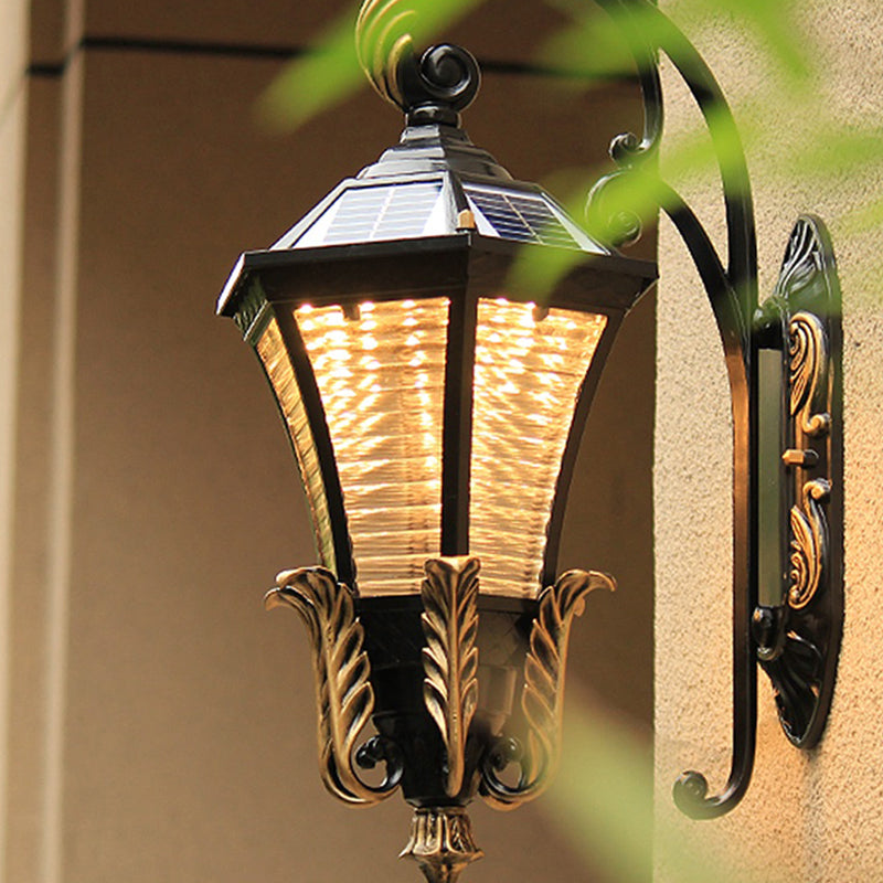 Vintage Black Led Outdoor Wall Sconce With Flared Shape And Ribbed Glass - Solar Powered