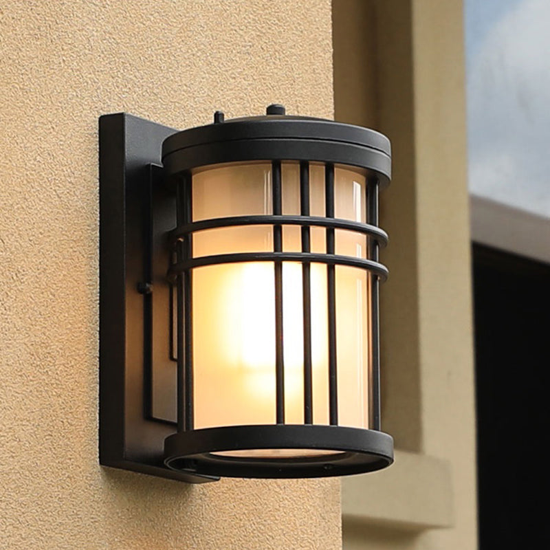 Opal Frosted Glass Minimalist Wall Sconce In Black - Courtyard Lamp With 1-Bulb