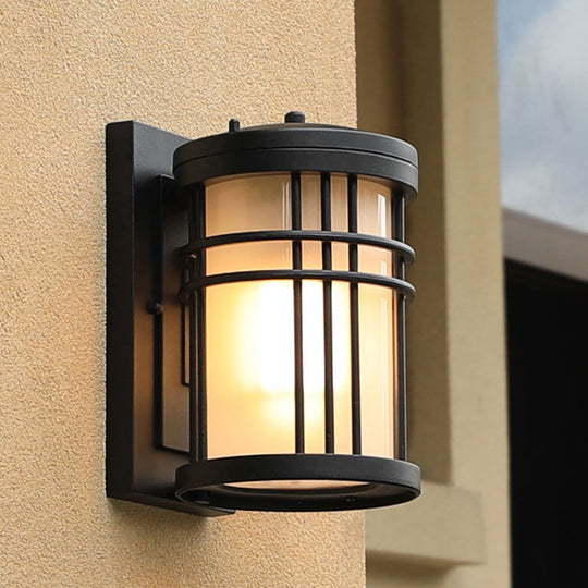 Opal Frosted Glass Minimalist Wall Sconce In Black - Courtyard Lamp With 1-Bulb