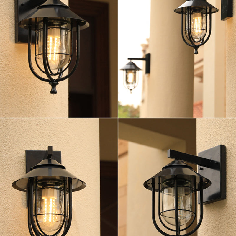 Rustic Black Glass Caged Outdoor Wall Sconce Light - Mounted 1 Bulb