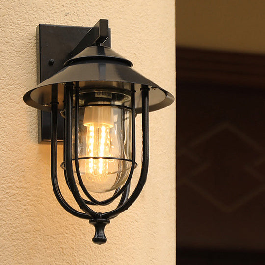 Rustic Black Glass Caged Outdoor Wall Sconce Light - Mounted 1 Bulb