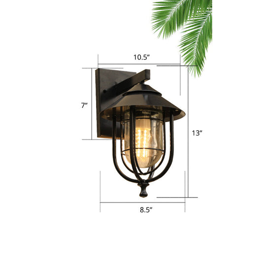 Rustic Black Glass Caged Outdoor Wall Sconce Light - Mounted 1 Bulb
