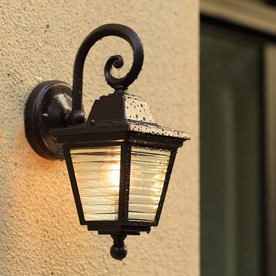 Minimalist Black Glass Lantern Sconce - Trapezoid Ribbed Design Wall Mount Lamp