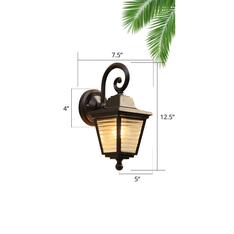 Minimalist Black Glass Lantern Sconce - Trapezoid Ribbed Design Wall Mount Lamp