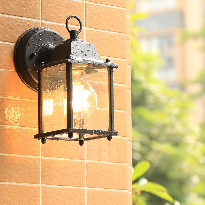 Sleek Glass Box Wall Sconce Lamp: Outdoor 1-Head Mounted Lighting In Black