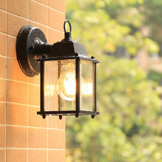 Sleek Glass Box Wall Sconce Lamp: Outdoor 1-Head Mounted Lighting In Black