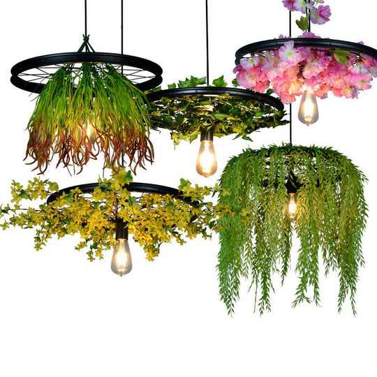 Rustic Wagon Wheel Pendant Light With Iron Suspension And Artistic Plant Design