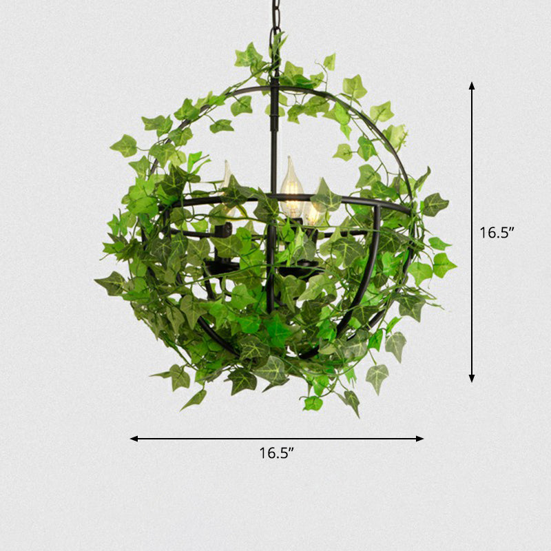 Industrial Green Iron Ceiling Chandelier With 3-Lights Fake Plant And Cage - Restaurant Pendant Lamp