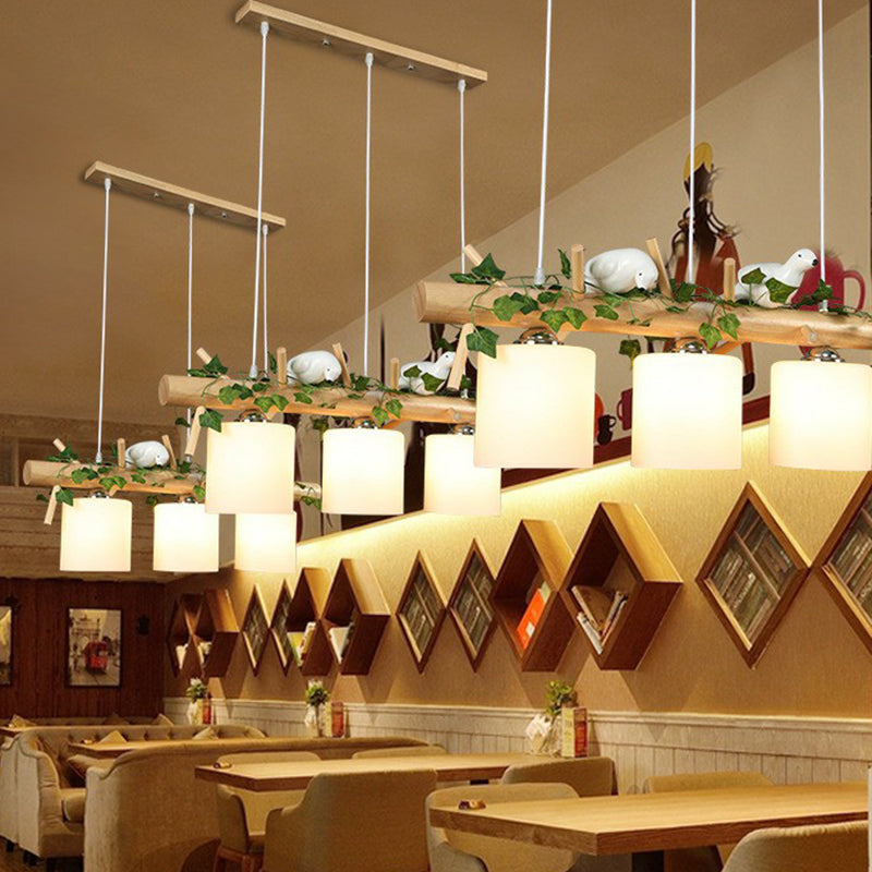 Cylindrical Milk Glass Island Lamp With Bird Deco For Country Style Restaurants