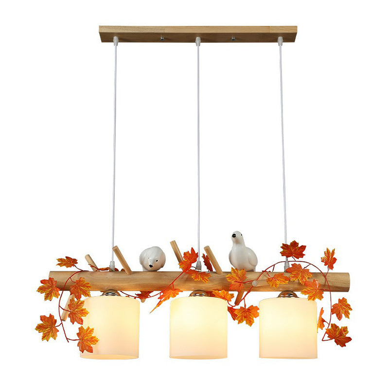 Cylindrical Milk Glass Island Lamp With Bird Deco For Country Style Restaurants