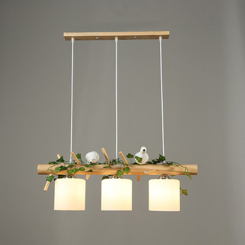 Cylindrical Milk Glass Island Lamp With Bird Deco For Country Style Restaurants 3 / Green