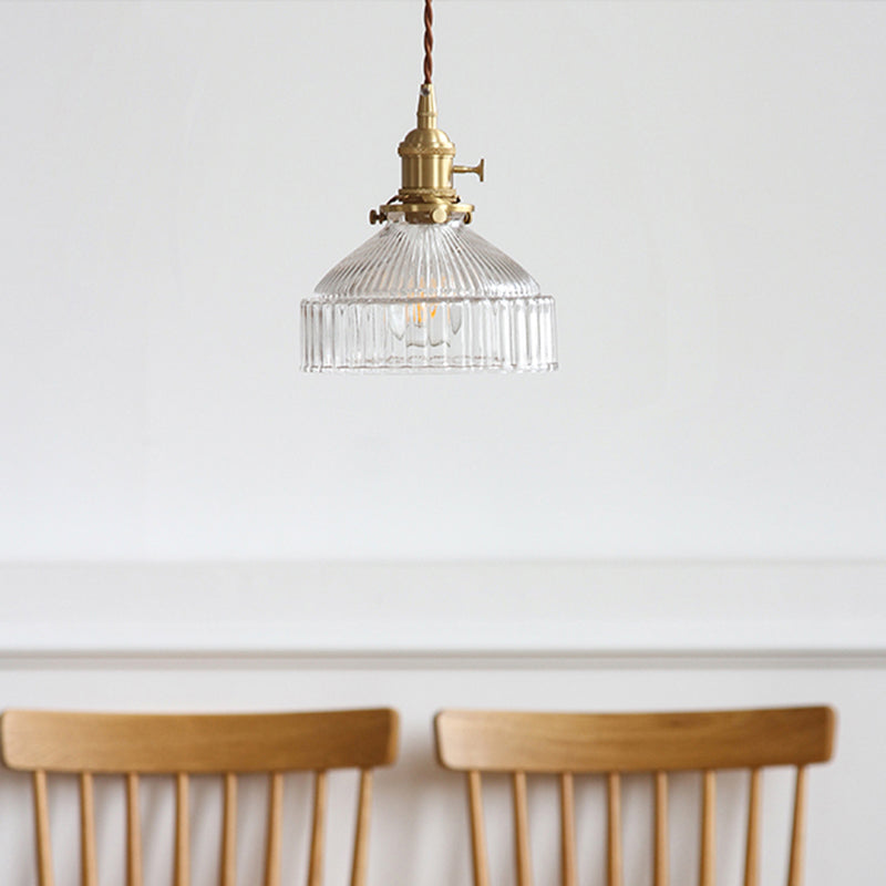 Minimalist Ribbed Glass Pendant Light Barn Shaped Brass Suspension