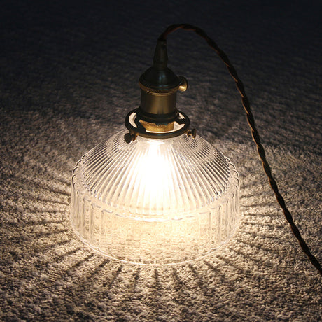 Minimalist Ribbed Glass Pendant Light Barn Shaped Brass Suspension