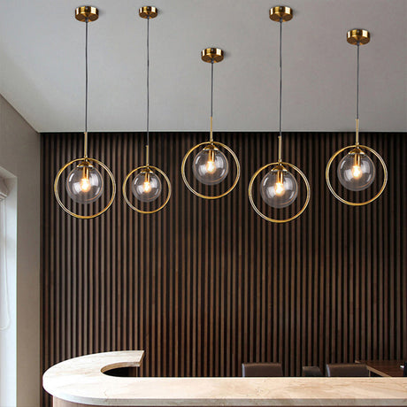 Minimalist Brass Plated Glass Hanging Light With Single Ball Drop Pendant And Ring Decoration Smoke