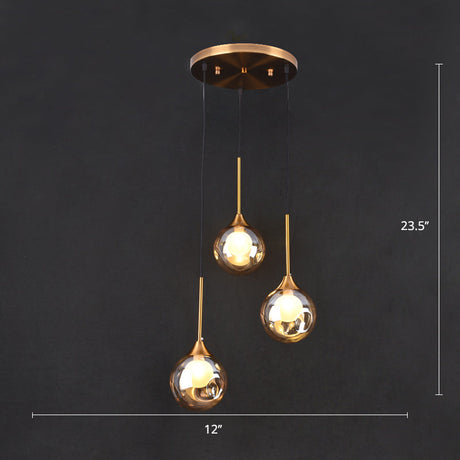 Minimalist Glass Pendant Light With 3-Head Design For Dining Room And Multiple Hanging Options Amber