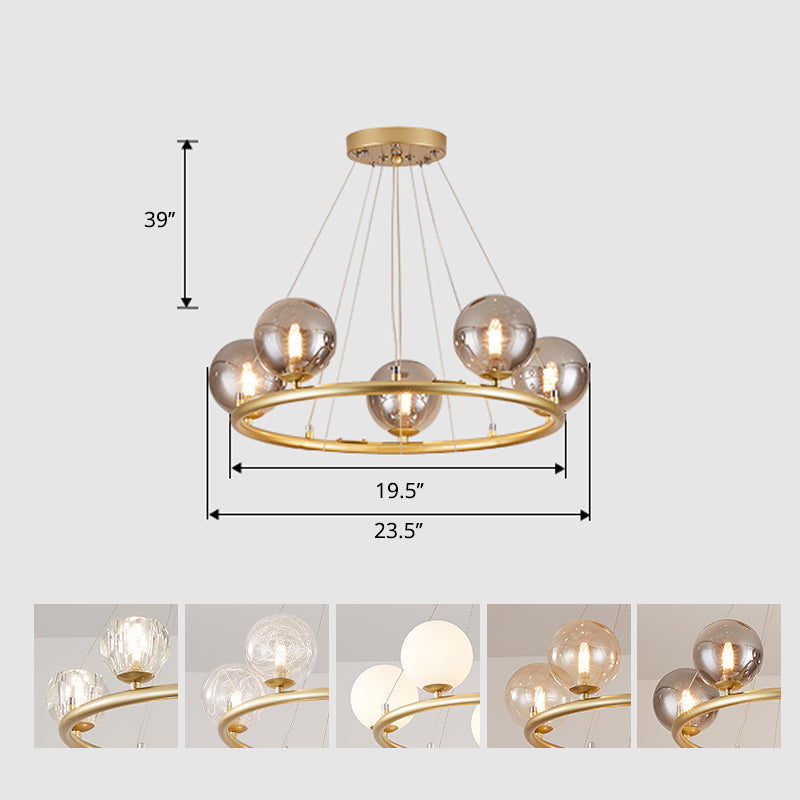 Postmodern Metal Chandelier With Ball Glass Shade 5 / Gold