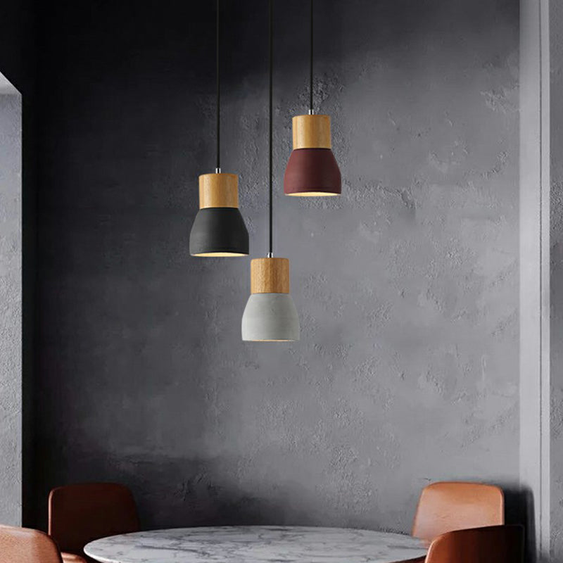 Nordic Mini Pendant Light With Cement Shade And Wood Top - Single-Bulb Ceiling Fixture For