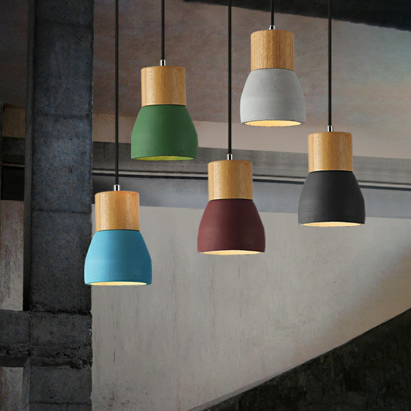 Nordic Cement Mini Pendant Ceiling Light With Wooden Top - Single-Bulb Restaurant Lighting