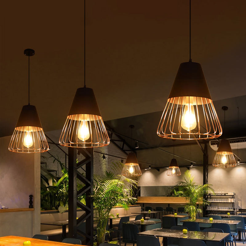 Cage Restaurant Ceiling Light - Warehouse-Style Black Iron Suspension Lighting / Water Drop