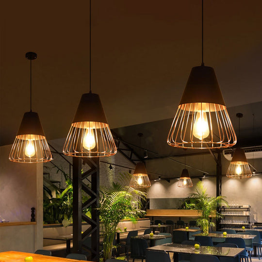 Cage Restaurant Ceiling Light - Warehouse-Style Black Iron Suspension Lighting / Water Drop