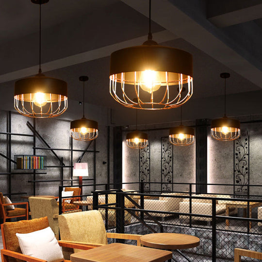 Cage Restaurant Ceiling Light - Warehouse-Style Black Iron Suspension Lighting / Cylinder
