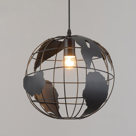 Iron Wireframe Globe Pendant Light - Industrial Ceiling Lamp With 1 Bulb For Restaurants Black / 8’