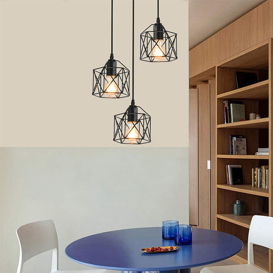 Hexagonal Cage Pendant Light With 3 Metal Shades - Perfect For Dining Room Ceiling