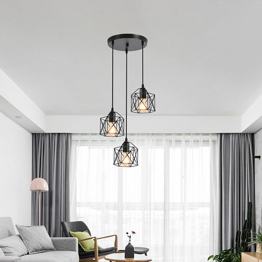 Hexagonal Cage Pendant Light With 3 Metal Shades - Perfect For Dining Room Ceiling