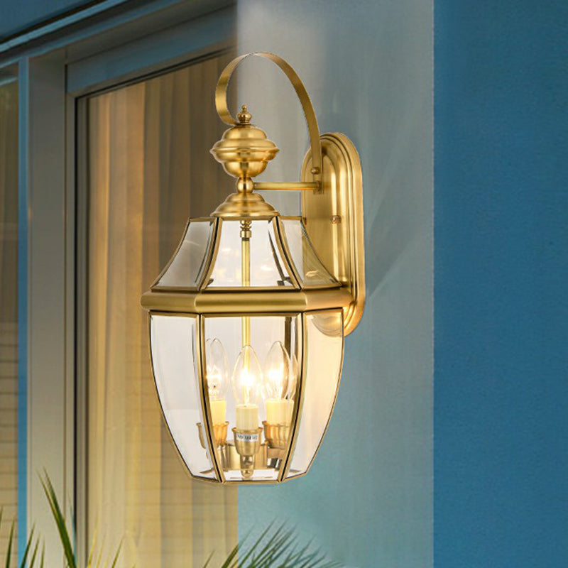 Traditional Clear Glass Outdoor Wall Mounted Brass Lantern Sconce / Tower