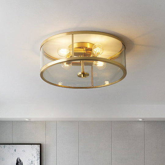 Simplicity Brass Clear Glass 4 - Bulb Drum Flush Ceiling Light For Bedroom