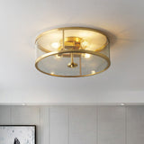 Simplicity Brass Clear Glass 4-Bulb Drum Flush Ceiling Light For Bedroom