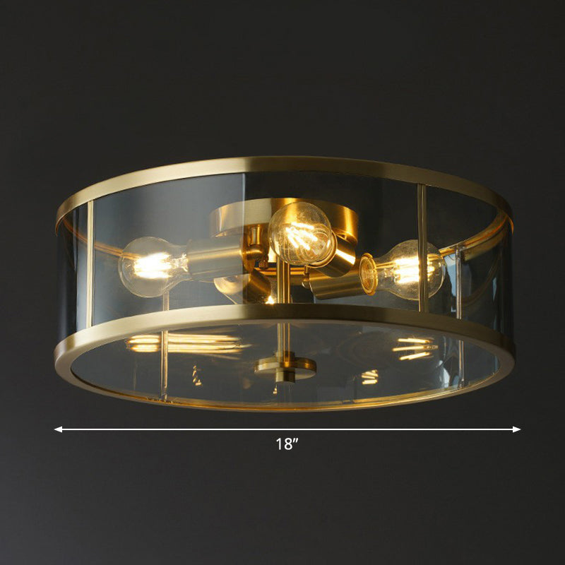 Simplicity Brass Clear Glass 4 - Bulb Drum Flush Ceiling Light For Bedroom