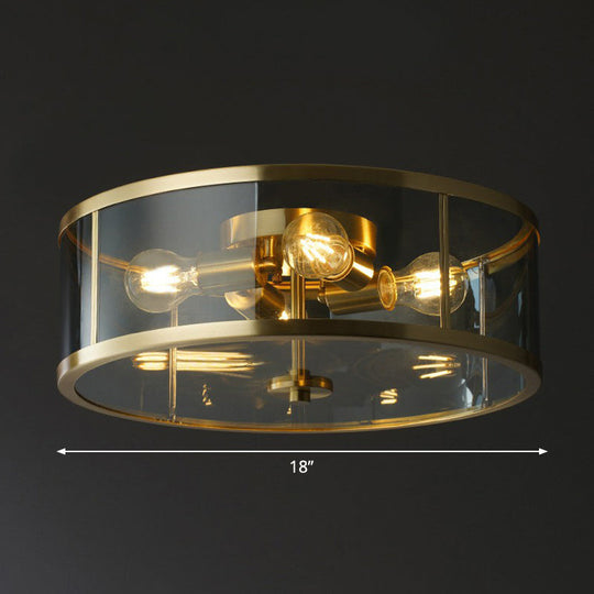 Simplicity Brass Clear Glass 4 - Bulb Drum Flush Ceiling Light For Bedroom