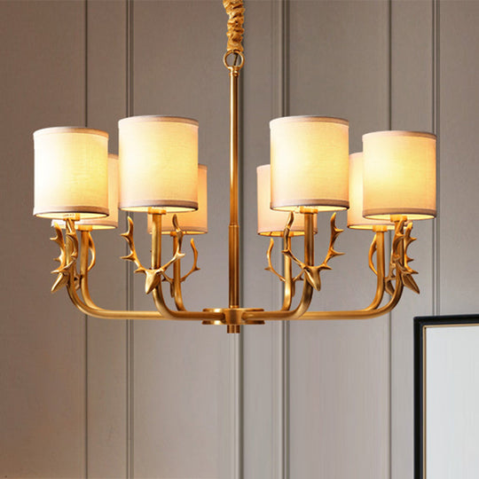 Gold Nordic Cylindrical Chandelier With Antler Deco - Fabric Suspension Light For Living Room