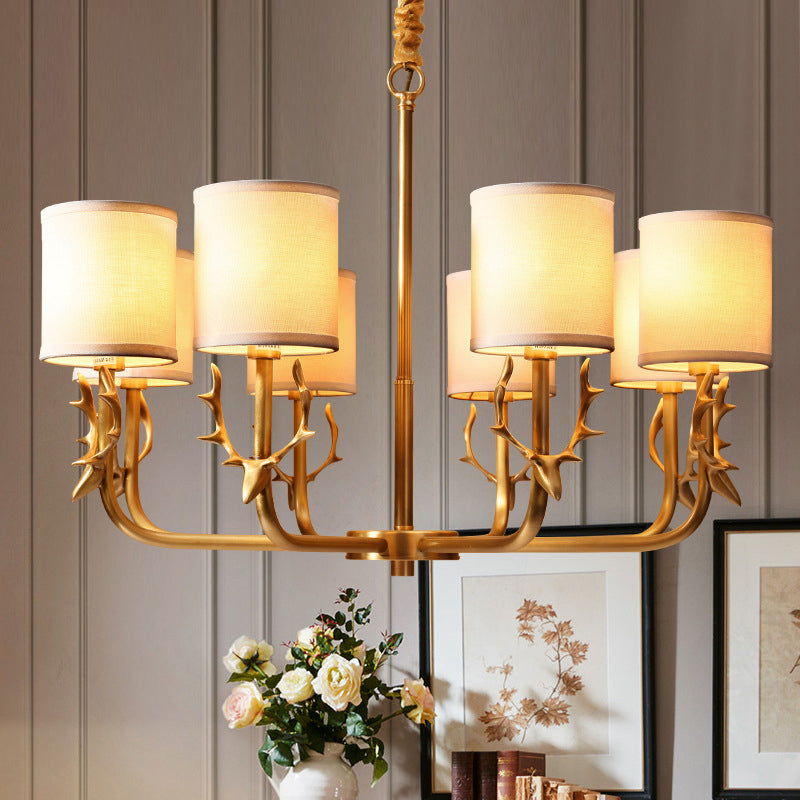 Nordic Fabric Suspension Light With Antler Deco - Gold Finish
