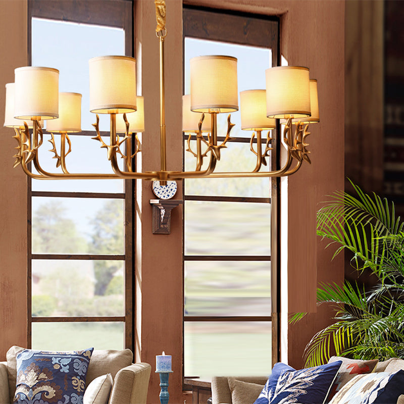 Gold Nordic Cylindrical Chandelier With Antler Deco - Fabric Suspension Light For Living Room 10 /