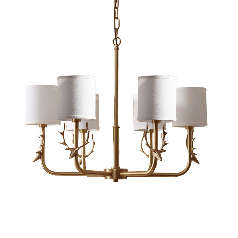 Gold Nordic Cylindrical Chandelier With Antler Deco - Fabric Suspension Light For Living Room