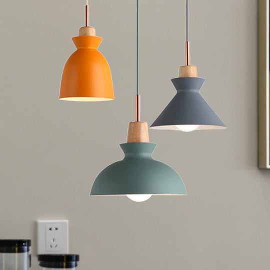 Modern 3-Light Metal Pendant With Multi-Color Cones And Domes Hanging From Linear/Round Canopy -