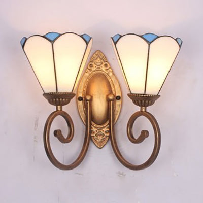 Vintage Stained Glass Conical Sconce Light - White/Blue 2 Lights Ideal For Bedroom Wall Mounting