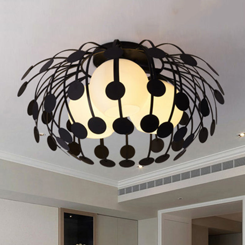 Modern Oval Metal Semi Flush Mount Lamp With Milk Glass Globe Shade - 3 Lights White/Black
