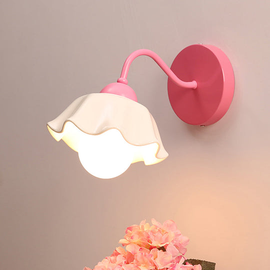 Korean Flower Ceramic Ruffled Wall Sconce Light - 1-Light Bedroom Fixture Pink