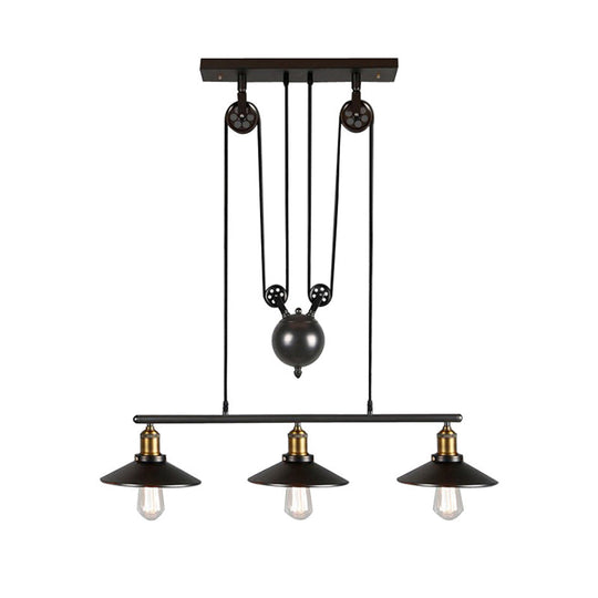 Industrial Black Wide Flare Pulley Pendant Light For Restaurant - 3 Bulb Hanging Island Fixture
