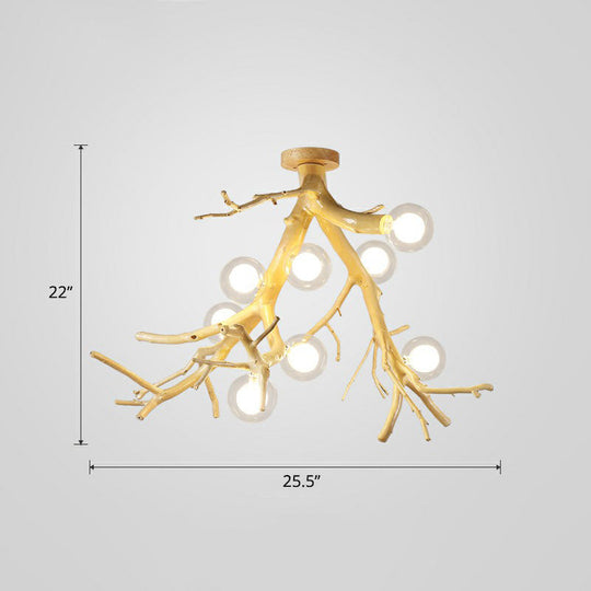 Japanese - Style Wood Tree Branch Ceiling Light: 8 - Bulb Metal Semi Flush Mount For Dining Room /
