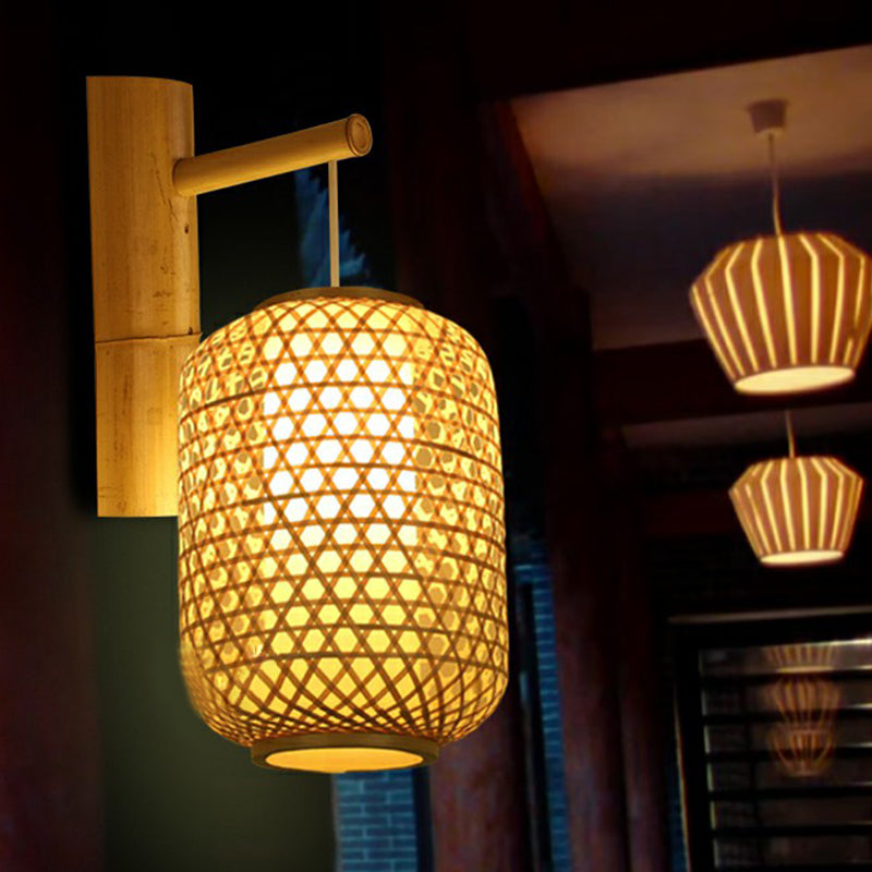 Bamboo Weaving Lantern Wall Sconce - Chinese Style Wood Hanging Light For Corridor