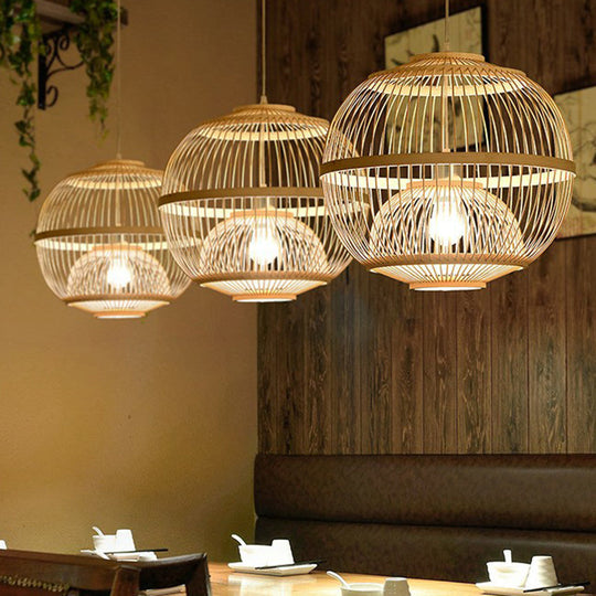 Nordic 1-Head Bamboo Pendant Lamp - Wood Cage Suspension Light For Dining Room