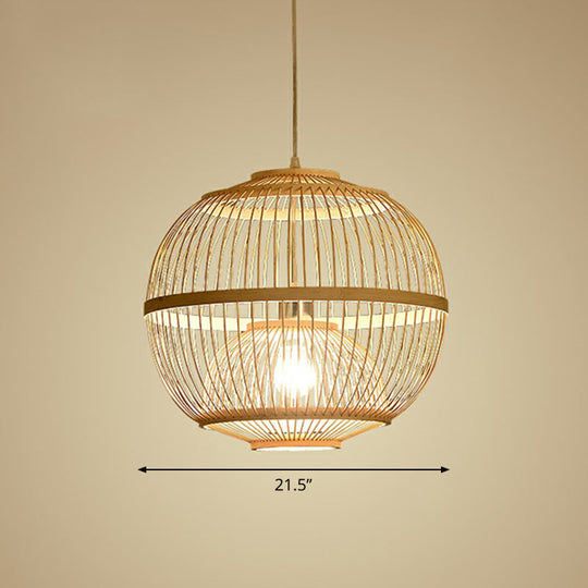 Nordic 1-Head Bamboo Pendant Lamp - Wood Cage Suspension Light For Dining Room / 21.5’
