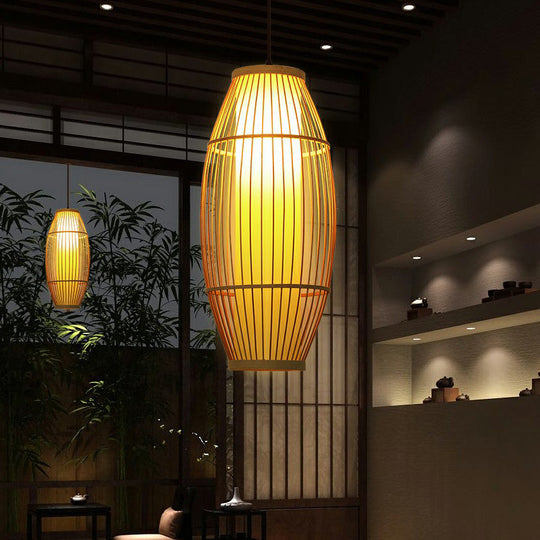 Bamboo Barrel Asian Pendant Light For Restaurants - Wood Finish With 1 Bulb