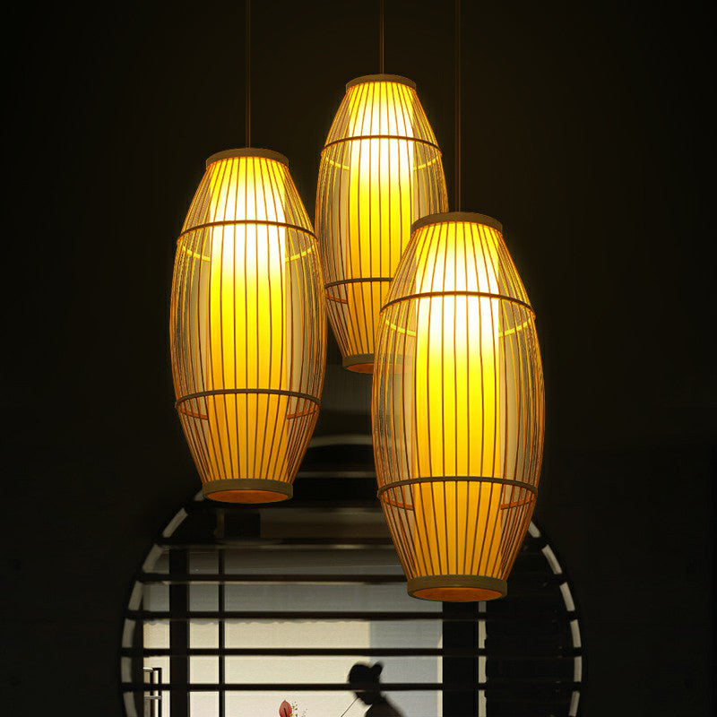 Bamboo Barrel Asian Pendant Light For Restaurants - Wood Finish With 1 Bulb
