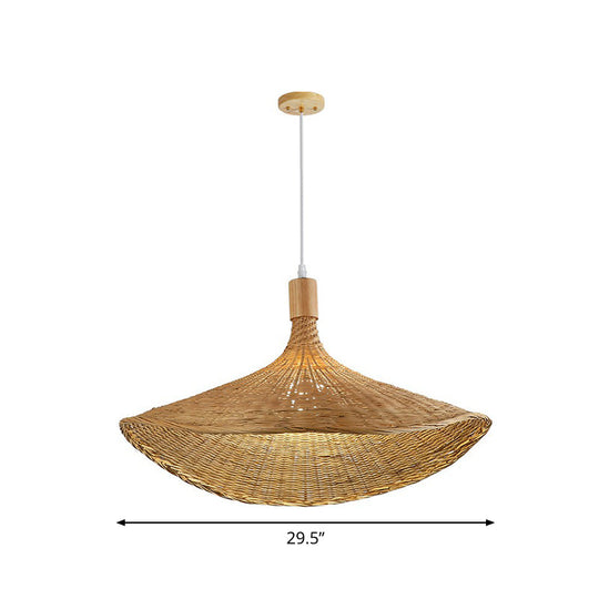 Asian Bamboo Pendant Light With Hat Design - 1-Light Wood Hanging Lamp For Tearoom / 29.5’