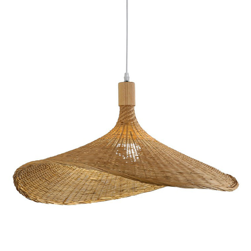 Asian Bamboo Pendant Light With Hat Design - 1-Light Wood Hanging Lamp For Tearoom